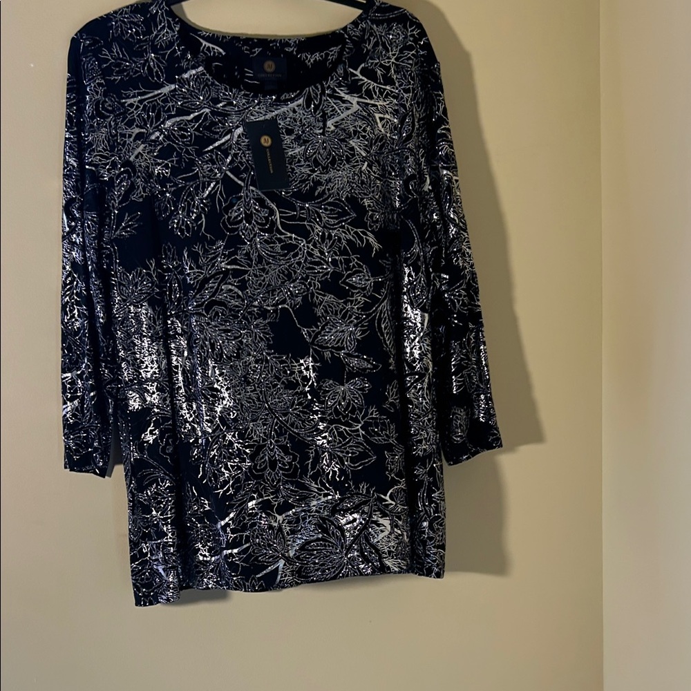 JM Collection Navy Long-Sleeve Top with Silver Floral Foil